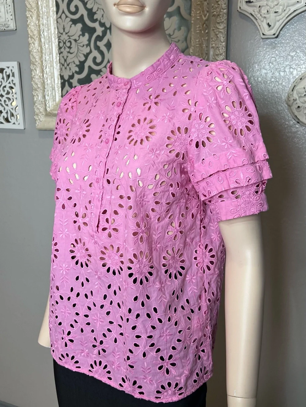 J. Crew Pink Eyelet Short puff Sleeve Blouse